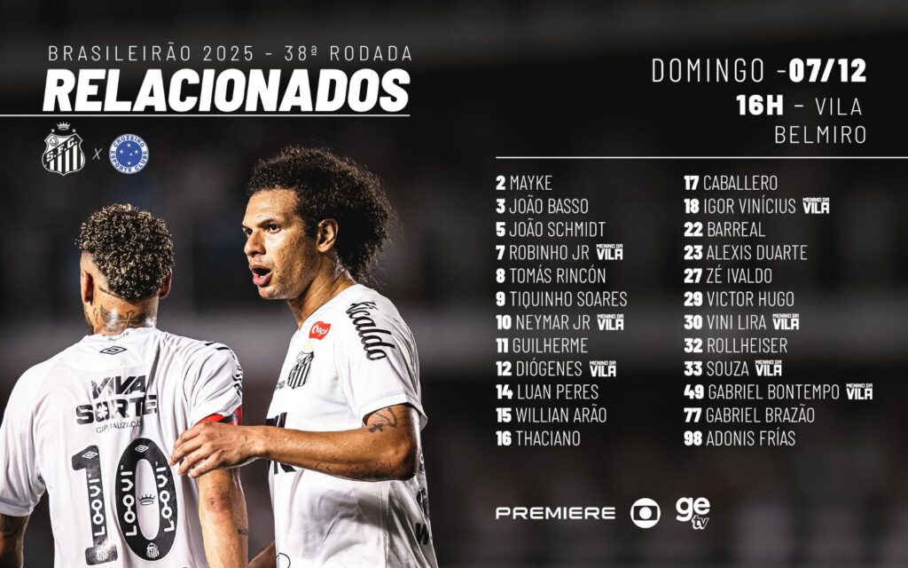 Santos divulga relacionados para enfrentar o Cruzeiro na Vila