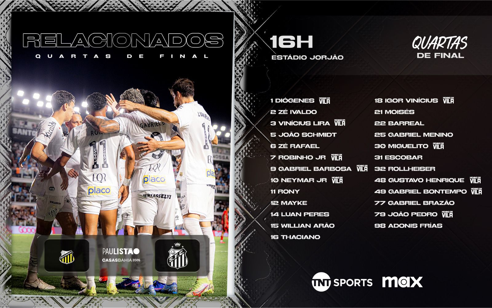 Santos divulga os relacionados para o jogo contra o Novorizontino no Paulistão