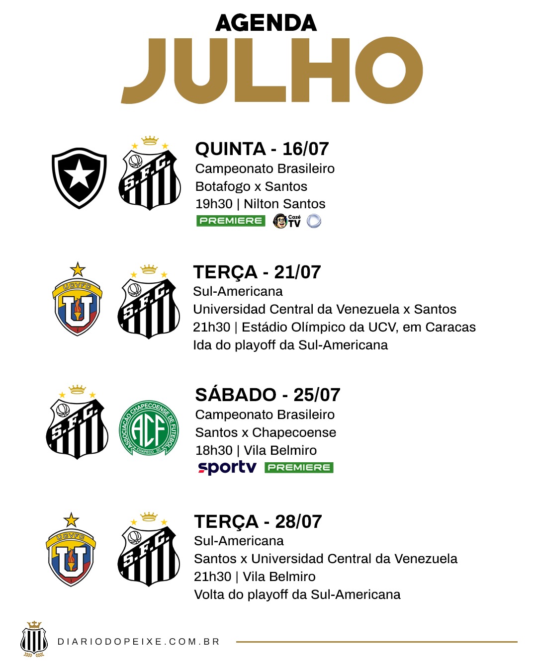 Agenda julho de 2026: Santos e Sereias retornam aos torneios
