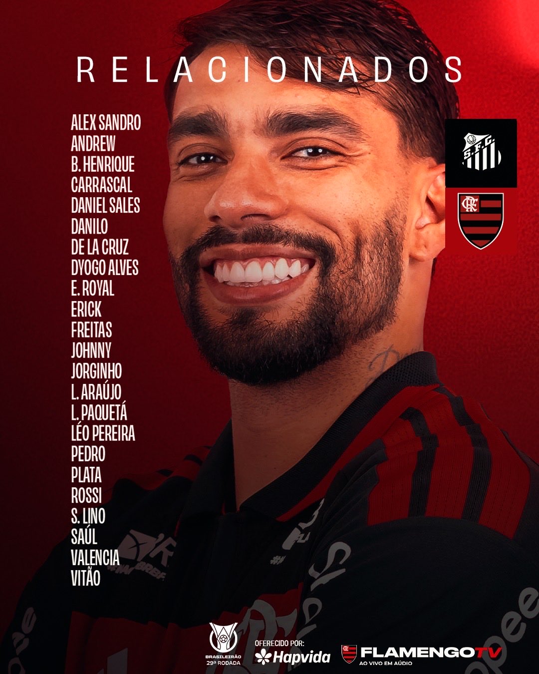 Com baixas e retornos, Flamengo divulga lista de relacionados contra o Santos